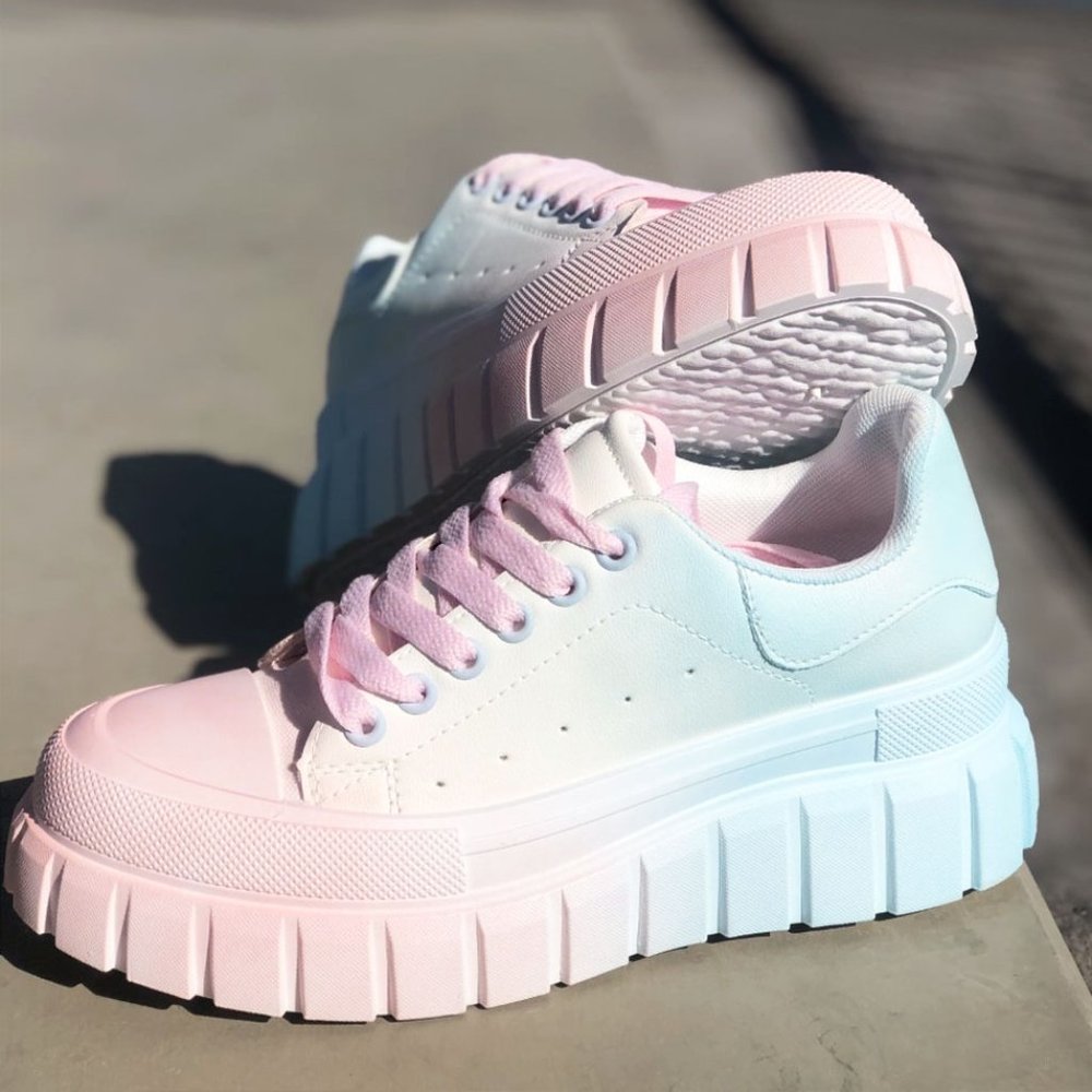 NEW Pastel Pink Blue Ombre Kawaii Cute Platform Low Top Laced Up Sneakers Shoes - Picture 3 of 12